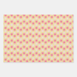 roze en gele retro bloem inpakpapier vel