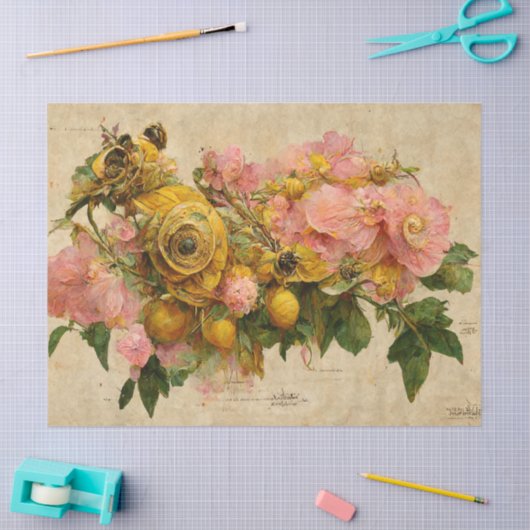  roze en gele rozen Ephemera-ontkoppeling Tissuepapier (Craft)