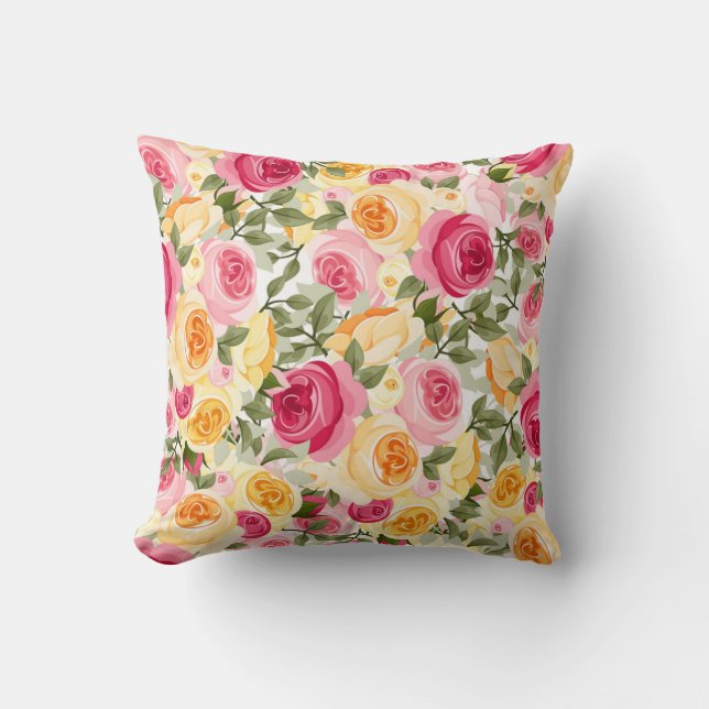 Roze en gele rozen Farmhouse Shabby Chic Floral Kussen (Voorkant)