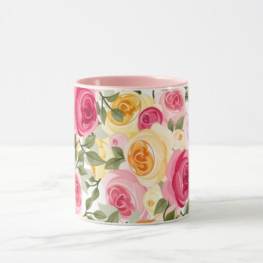 Roze en gele rozen Farmhouse Shabby Chic Floral Mok (Midden)