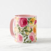 Roze en gele rozen Farmhouse Shabby Chic Floral Mok (Voorkant links)