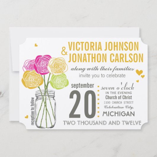 Roze en gele rozen Typografie Moderne bruiloft Kaart (Voorkant)