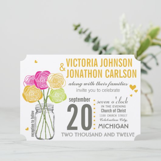 Roze en gele rozen Typografie Moderne bruiloft Kaart (Staand voorkant)