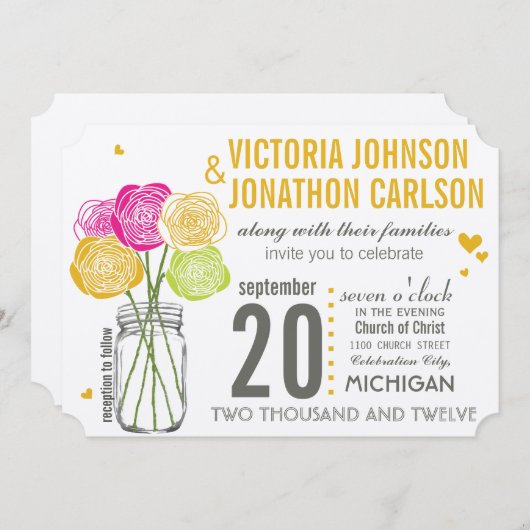 Roze en gele rozen Typografie Moderne bruiloft Kaart (Voorkant / Achterkant)