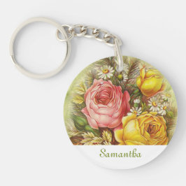  roze en gele rozen Voeg Jouw naam toe Sleutelhanger