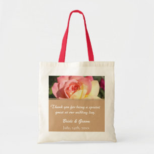 Roze en gele rozenbloem bruiloft bedankt tote bag