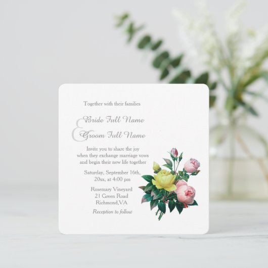 roze en gele rozenbloemen bruiloft kaart (Staand voorkant)