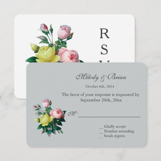   roze en gele rozenbloemen RSVP Kaartje (Voorkant / Achterkant)