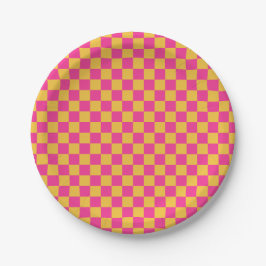 Roze en Gele Schaakbord Papieren Bordje