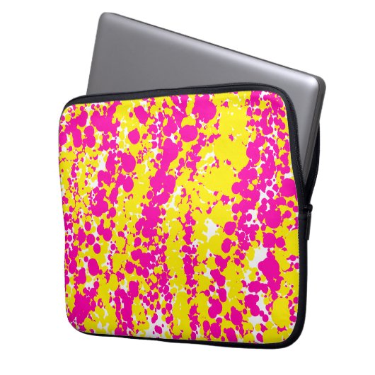 Roze en gele spatten laptop sleeve (Voorkant Links)