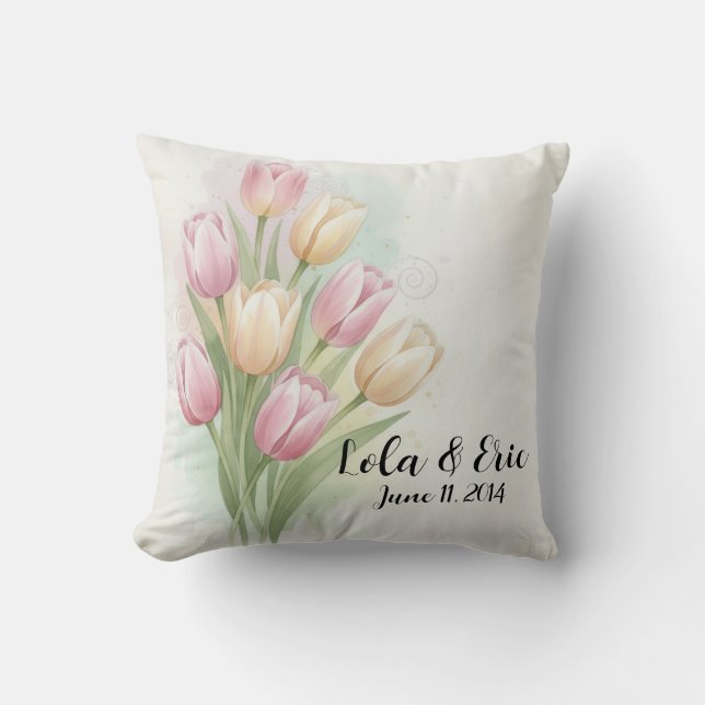 Roze en Gele Tulp Bloemboeket Jubileum Kussen (Voorkant)
