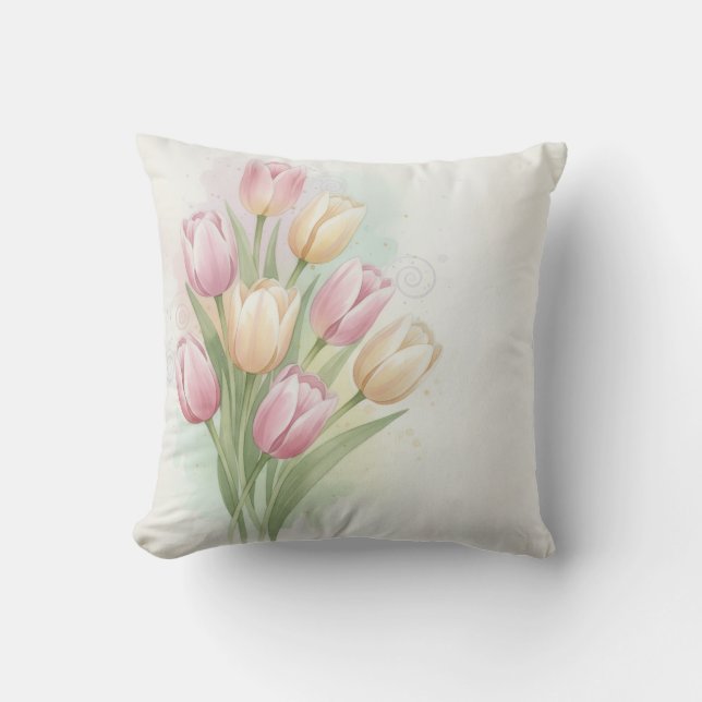Roze en Gele Tulp Bloemboeket Kussen (Voorkant)