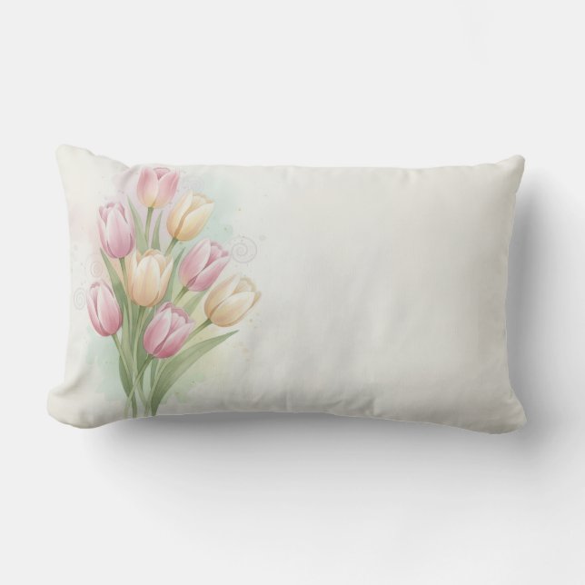 Roze en Gele Tulp Bloemboeket Kussen (Voorkant)