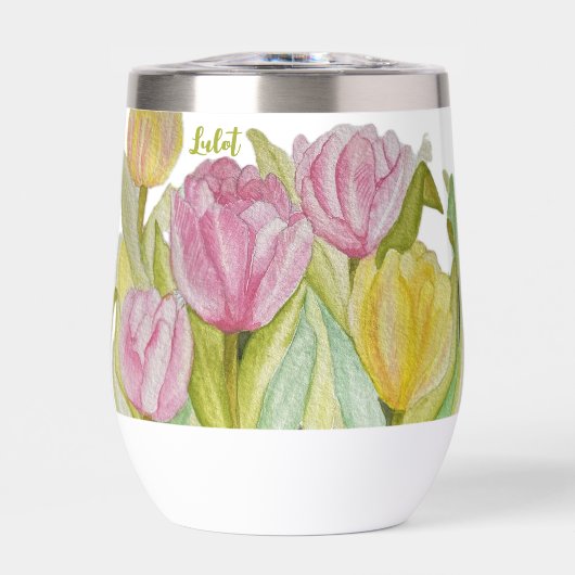 Roze en Gele Tulp Waterfles (Voorkant)