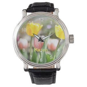 Roze en gele Tulpen Horloge