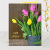 roze en gele tulpen in bucket Name Day Kaart (Gele Bloem)