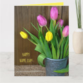 roze en gele tulpen in bucket Name Day Kaart (Voorkant)