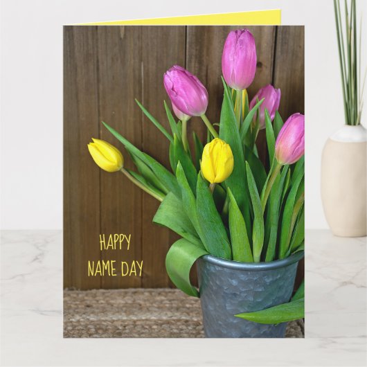roze en gele tulpen in bucket Name Day Kaart (Voorkant)
