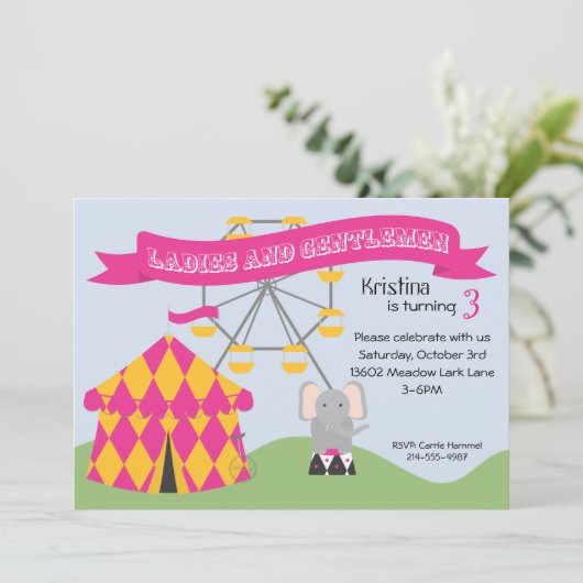 Roze en gele verjaardag uitnodiging van de partij (Staand voorkant)
