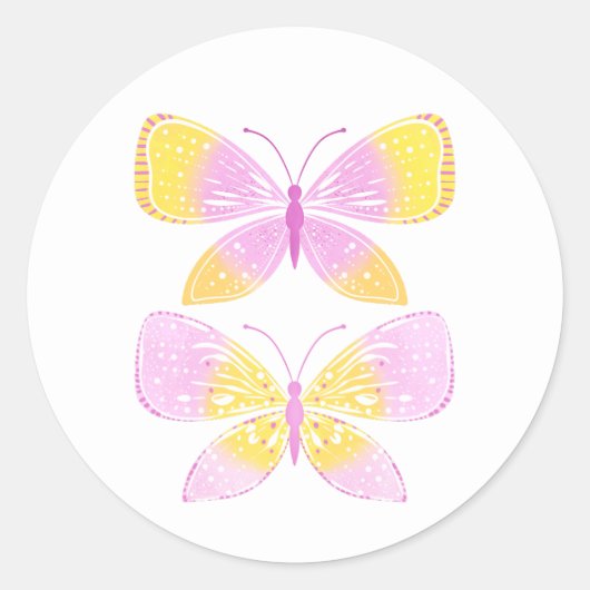 Roze en gele vlinders ronde sticker (Voorkant)