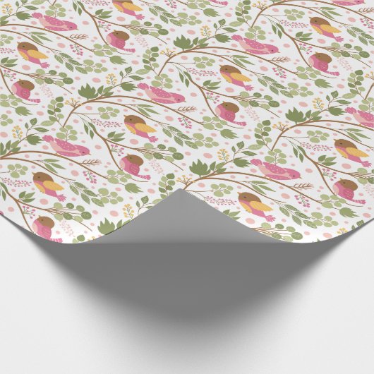 Roze en Gele Vogels en Bladeren Kinderen Cadeaupapier (Hoek)