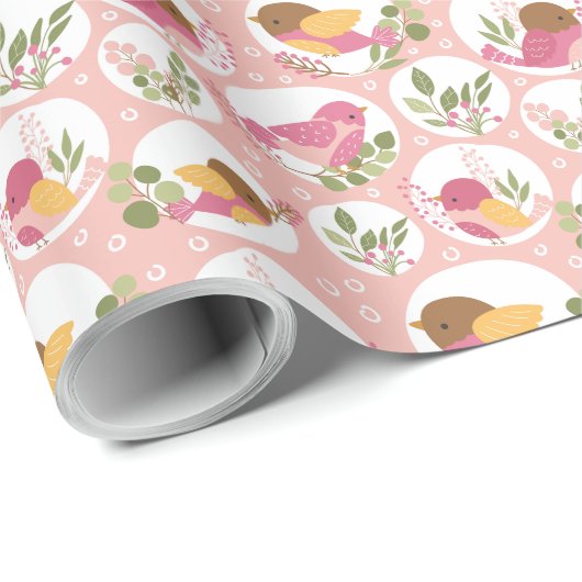  Roze en Gele Vogels en Bladeren Kinderen Cadeaupapier (Rol Hoek)