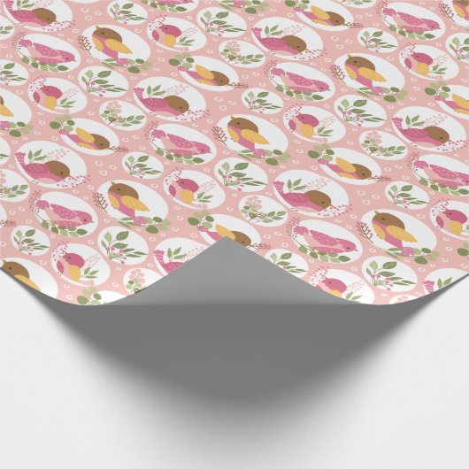 Roze en Gele Vogels en Bladeren Kinderen Cadeaupapier (Hoek)