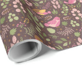 roze en gele vogels en bladeren kinderkleding cadeaupapier (Rol Hoek)