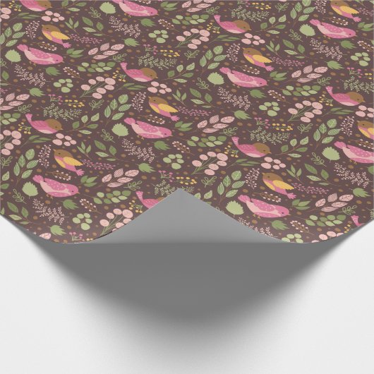  roze en gele vogels en bladeren kinderkleding cadeaupapier (Hoek)