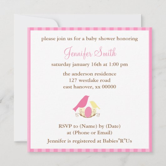 Roze en gele vogels Nest Baby shower Kaart (Achterkant)