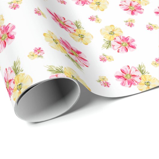 Roze en gele waterverf bloemen cadeaupapier (Rol Hoek)