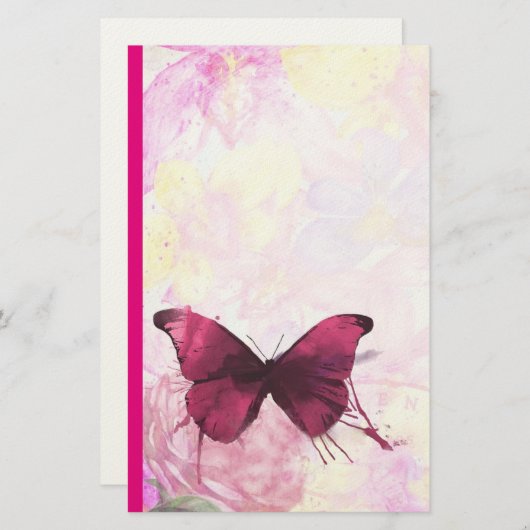 Roze en gele Waterverf bloemen met vlinder Briefpapier (Voorkant / Achterkant)