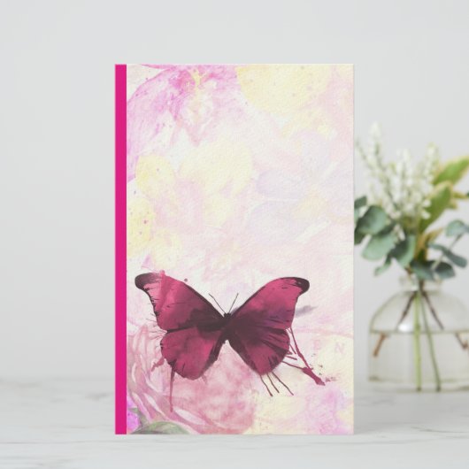 Roze en gele Waterverf bloemen met vlinder Briefpapier (Staand voorkant)