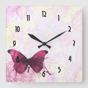 Roze en gele Waterverf bloemen met vlinder Vierkante Klok