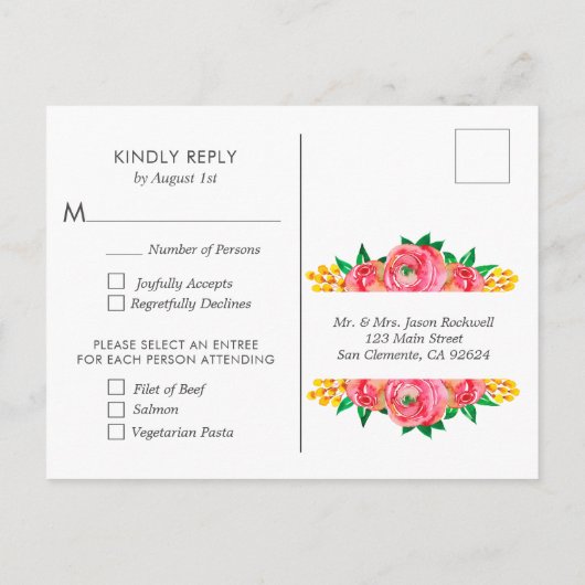 Roze en Gele Waterverf Bloemen RSVP Post Kaarten (Achterkant)