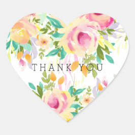 Roze en Gele Waterverf Bloemenhart Dank u Hart Sticker