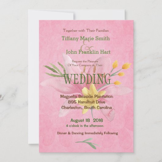 Roze en gele Waterverf bruiloft Kaart (Voorkant)