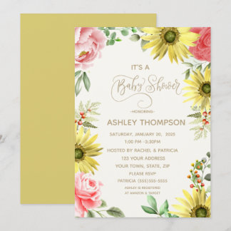 Roze en gele Waterverf Floral Baby shower Kaart