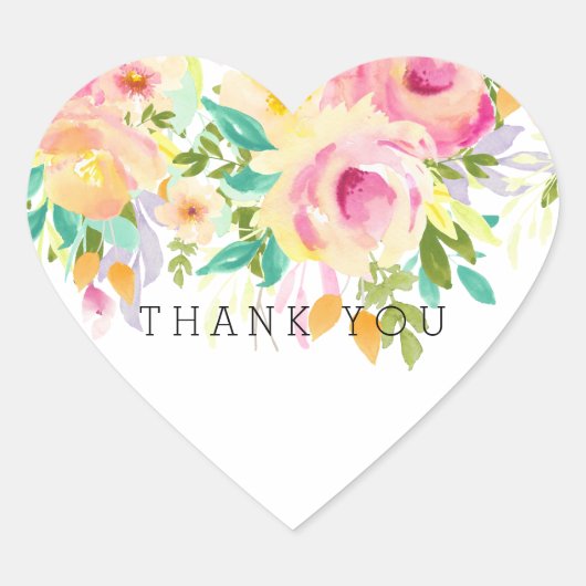 Roze en gele Waterverf Floral Hartelijk dank Hart Sticker (Voorkant)