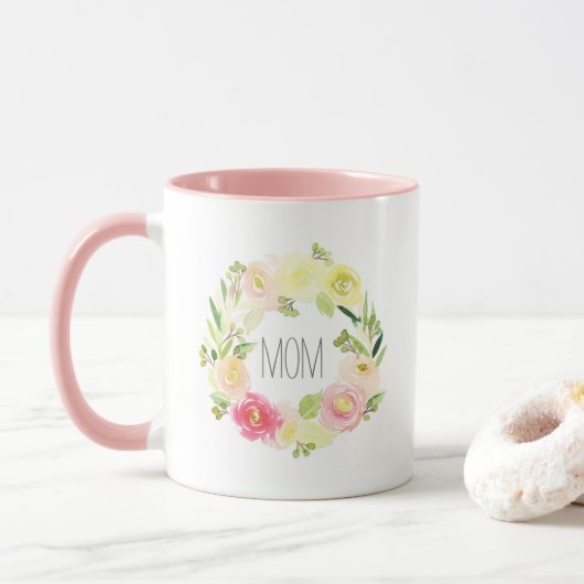 Roze en gele Waterverf Floral | Moederdag Mok (Met donut)