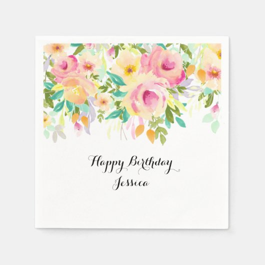 roze en gele Waterverf Floral Servetten (Voorkant)