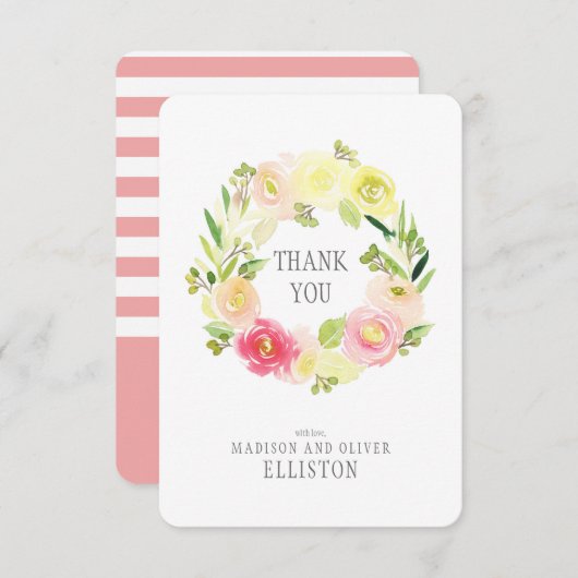 Roze en gele Waterverf Floral Wreate | Dank u wel Bedankkaart (Voorkant / Achterkant)
