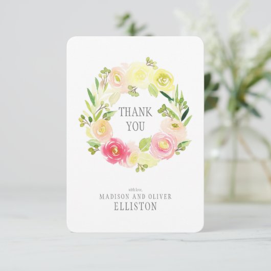 Roze en gele Waterverf Floral Wreate | Dank u wel Bedankkaart (Staand voorkant)