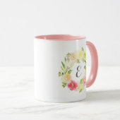 Roze en gele Waterverf Floral Wreate | Monogram Mok (Voorkant rechts)