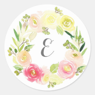 Roze en gele Waterverf Floral Wreate   Monogram Ronde Sticker