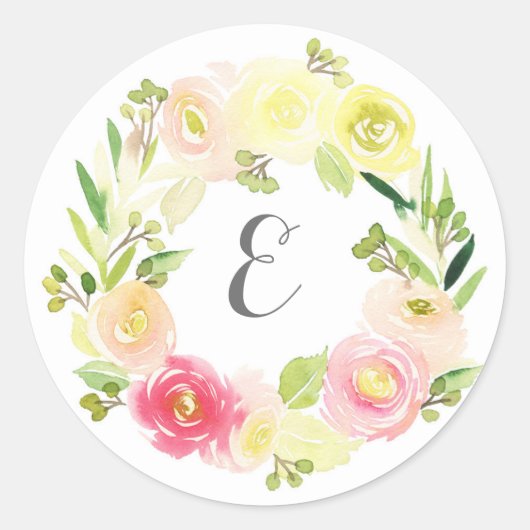 Roze en gele Waterverf Floral Wreate | Monogram Ronde Sticker (Voorkant)
