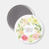 Roze en gele Waterverf Floral Wreate | Weddenschap Magneet (Voorkant / Achterkant)
