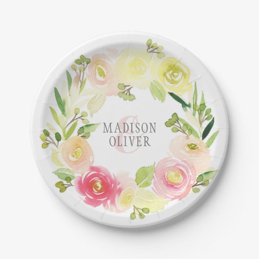 Roze en gele Waterverf Floral Wreate | Weddenschap Papieren Bordje (Voorkant)