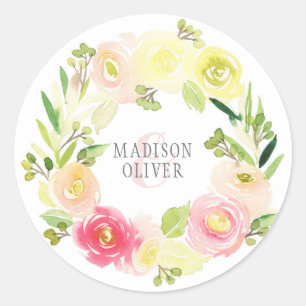 Roze en gele Waterverf Floral Wreate   Weddenschap Ronde Sticker