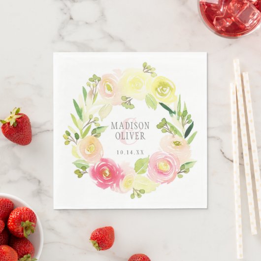 Roze en gele Waterverf Floral Wreate | Weddenschap Servet (Insitu)